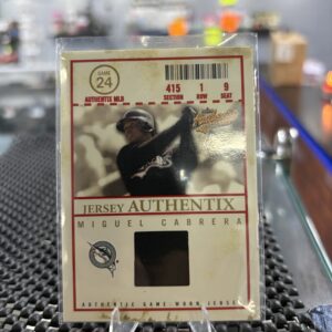 This authentic Miguel Cabrera Fleer Authentix baseball card features a game-worn jersey swatch, making it a highly desirable piece of memorabilia for any dedicated sports card enthusiast.