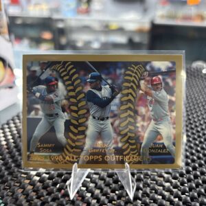 This classic 1998 Topps All-Topps Outfielders baseball card features legendary players Sammy Sosa, Ken Griffey Jr., and Juan Gonzalez, making it a prized item for sports collectors.