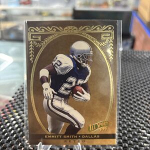 Dallas Cowboys Emmitt Smith All Sport PPF Retro football trading card, action shot in protective sleeve, high quality vintage running back player collectible in clear display case for serious football fans and investors.