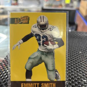 Dallas Cowboys Emmitt Smith All Sport PPF football trading card, action shot in protective sleeve, high quality vintage running back player collectible in clear display case for serious football fans and investors today.