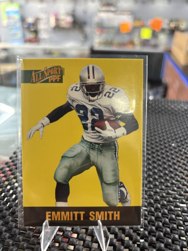 Dallas Cowboys Emmitt Smith All Sport PPF football trading card, action shot in protective sleeve, high quality vintage running back player collectible in clear display case for serious football fans and investors today.