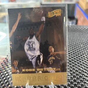 Lower Merion Kobe Bryant All Sport PPF Gold basketball trading card, high school action shot in protective sleeve, high quality vintage rare collectible in clear display case for serious basketball fans and investors today.