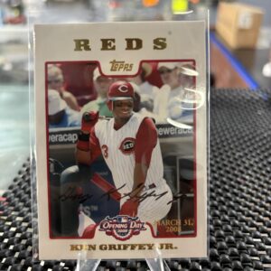 Cincinnati Reds Ken Griffey Jr. 2008 Topps Opening Day baseball trading card, action shot in protective sleeve, high quality vintage rare collectible in clear display case for serious baseball fans and investors today.