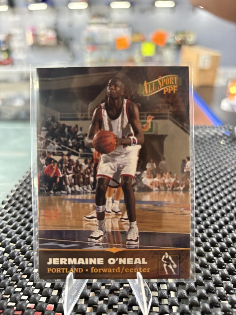 Portland Trail Blazers Jermaine O'Neal All Sport PPF basketball trading card, action shot in protective sleeve, high quality vintage forward center player collectible in clear display case for serious basketball fans and investors.