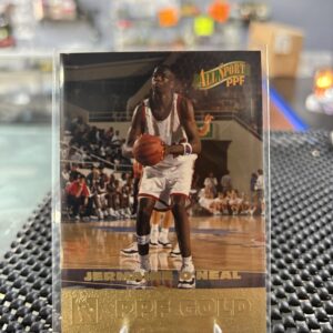 Jermaine O'Neal All Sport PPF Gold basketball trading card, action shot in protective sleeve, high quality vintage player collectible in clear display case for serious basketball fans and investors today.