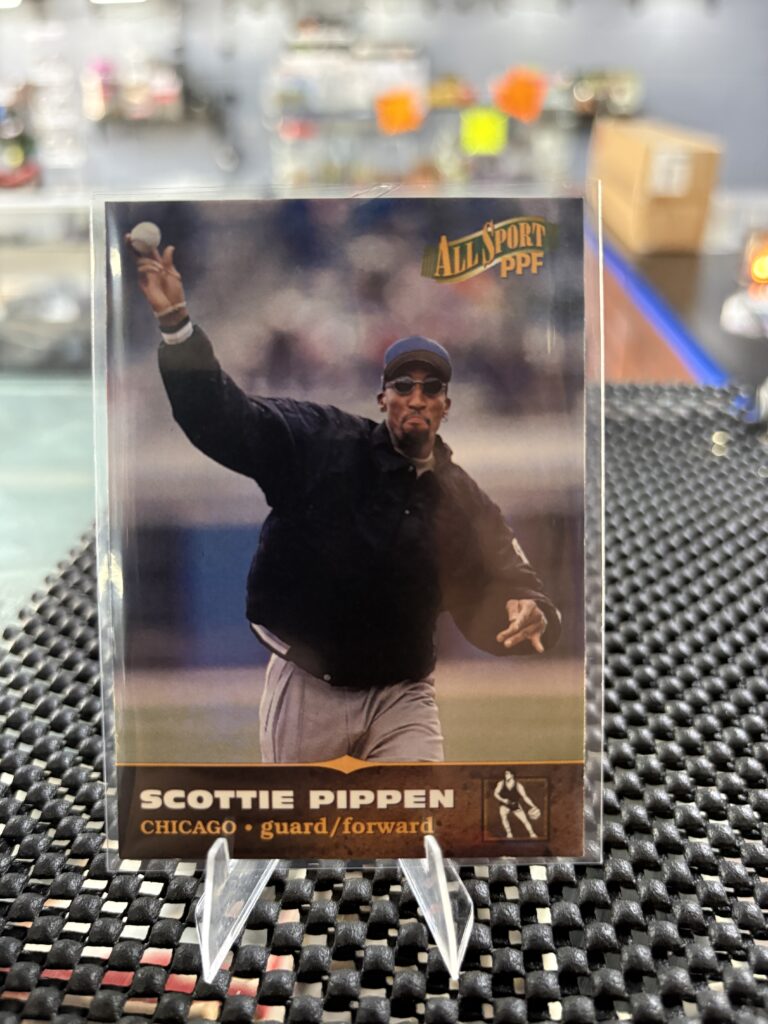 Chicago Bulls Scottie Pippen All Sport PPF basketball trading card, action shot in protective sleeve, high quality vintage guard forward player collectible in clear display case for serious basketball fans and investors.