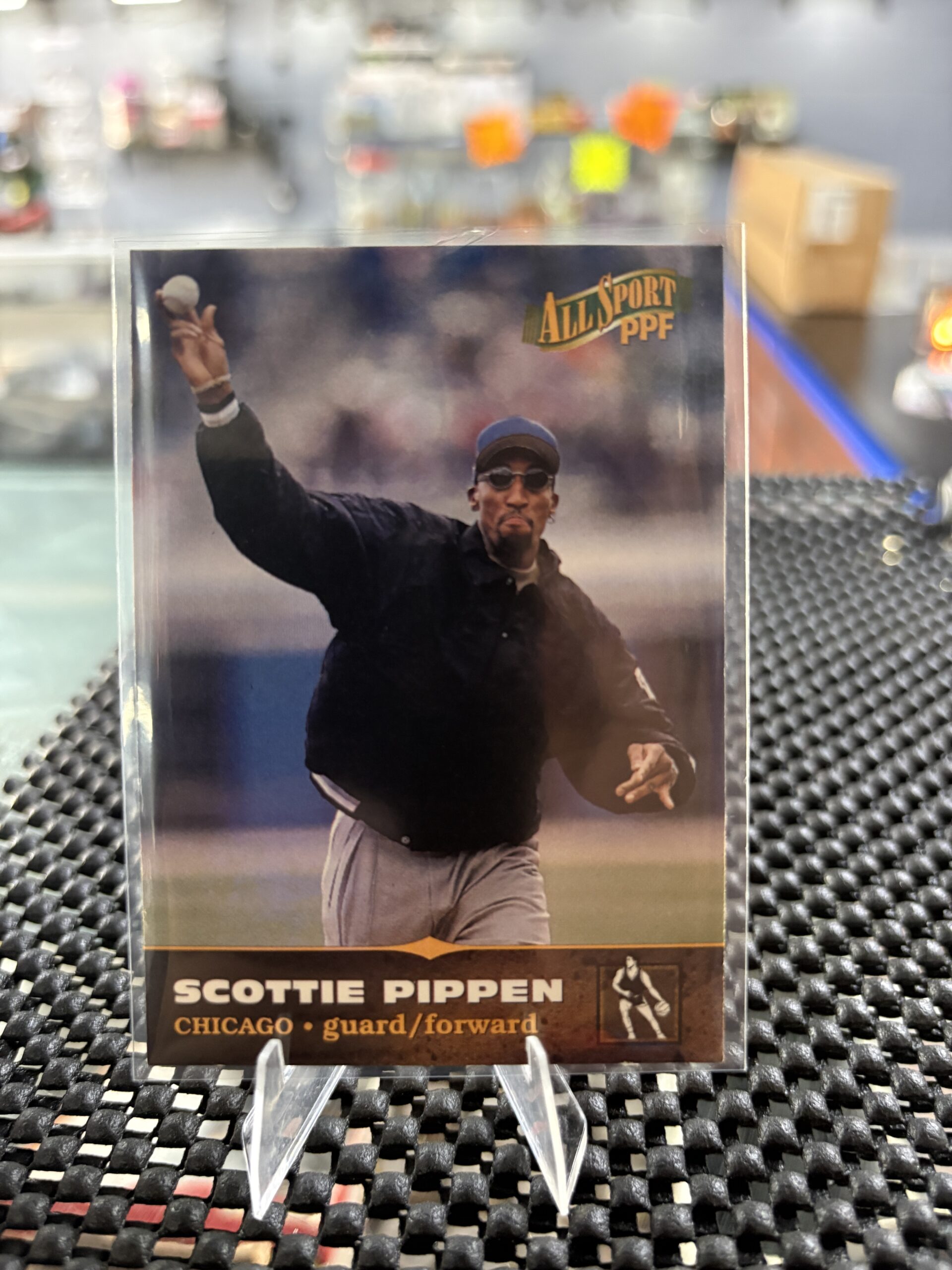 Chicago Bulls Scottie Pippen All Sport PPF basketball trading card, action shot in protective sleeve, high quality vintage guard forward player collectible in clear display case for serious basketball fans and investors.