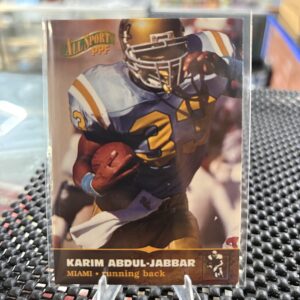 Miami running back Karim Abdul-Jabbar 1996 All Sport PPF football trading card, action shot in protective sleeve, high quality vintage NFL player collectible in clear display case.
