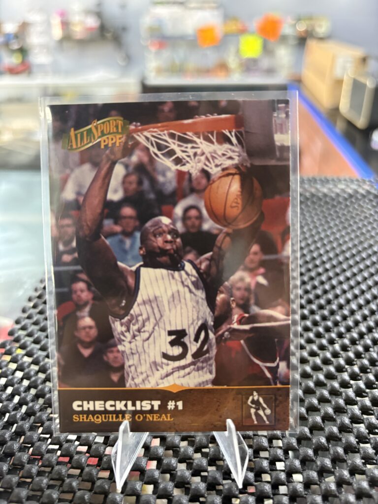 Orlando Magic 1993 All Sport PPF Checklist #1 Shaquille O'Neal rookie card, dunking action photo in sleeve