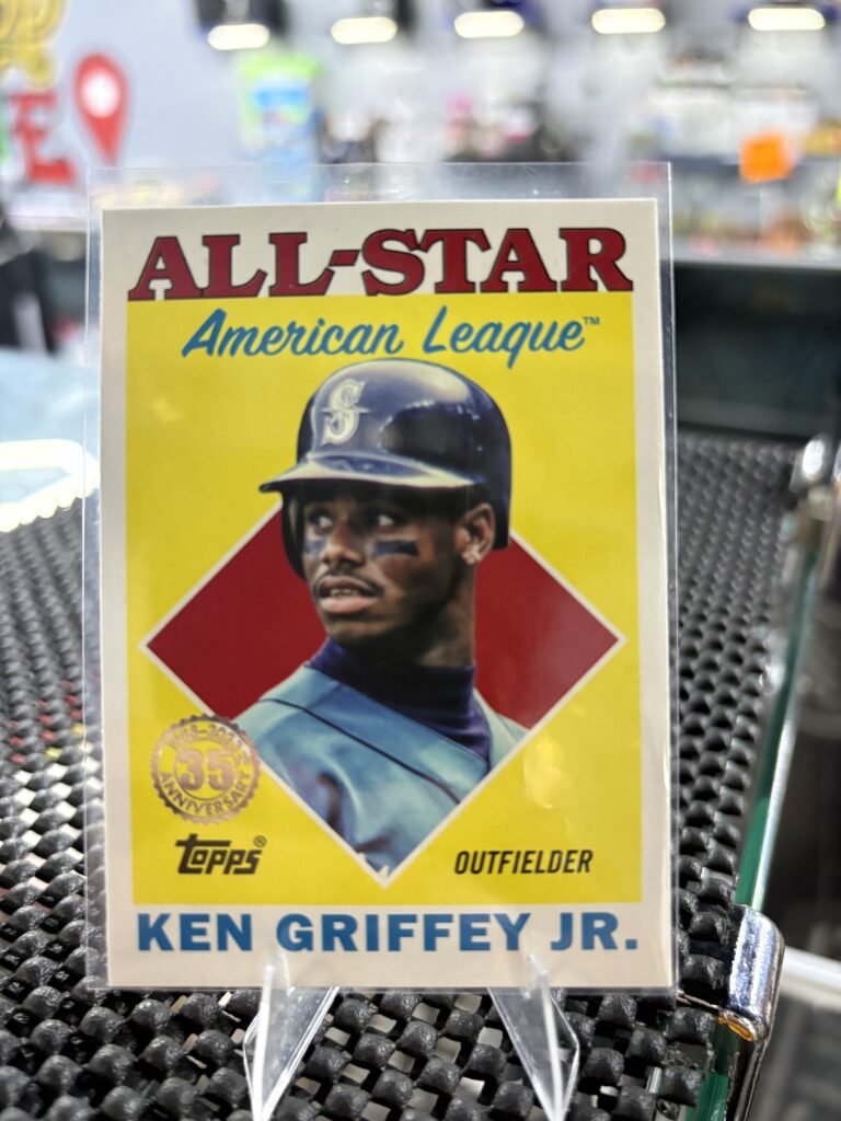 Seattle Mariners Ken Griffey Jr. Topps 35th Anniversary All-Star American League baseball trading card, portrait shot in protective sleeve, high quality modern collectible in clear display case for serious baseball fans and investors today.