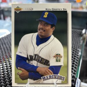 Seattle Mariners Ken Griffey Sr. 1992 Upper Deck baseball trading card, vintage portrait shot in protective sleeve, high quality rare collectible in clear display case for serious baseball fans and investors today.