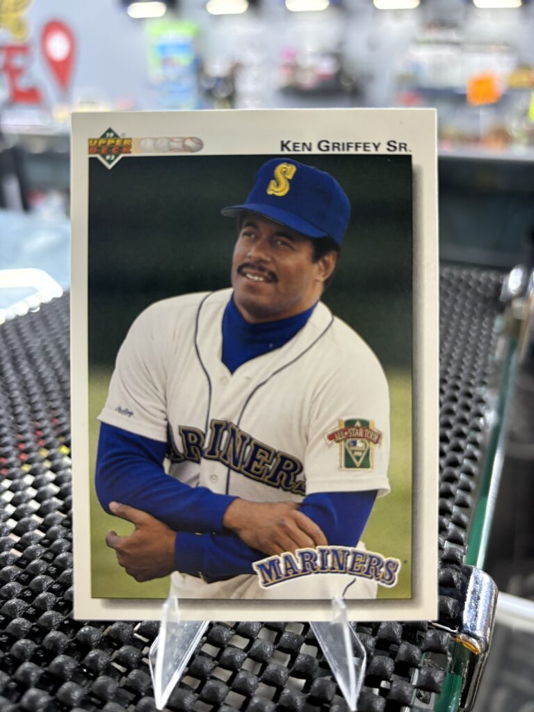 Seattle Mariners Ken Griffey Sr. 1992 Upper Deck baseball trading card, vintage portrait shot in protective sleeve, high quality rare collectible in clear display case for serious baseball fans and investors today.