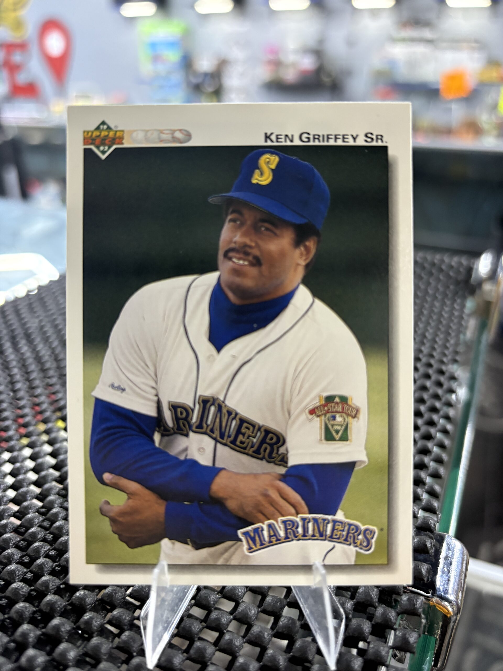Seattle Mariners Ken Griffey Sr. 1992 Upper Deck baseball trading card, vintage portrait shot in protective sleeve, high quality rare collectible in clear display case for serious baseball fans and investors today.