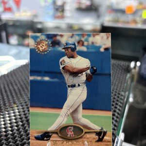 California Angels Bo Jackson Topps Stadium Club baseball trading card, powerful batting action shot in protective sleeve, high quality vintage rare collectible in clear display case for serious baseball fans and investors today.