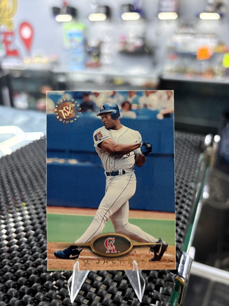 California Angels Bo Jackson Topps Stadium Club baseball trading card, powerful batting action shot in protective sleeve, high quality vintage rare collectible in clear display case for serious baseball fans and investors today.