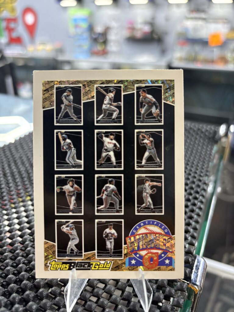 1993 Topps Black Gold baseball multi-player card, classic vintage nine-panel design in protective sleeve, high quality rare collectible in clear display case for serious baseball fans and card investors today.