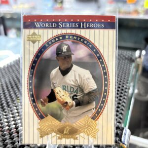 Florida Marlins Edgar Renteria Upper Deck World Series Heroes baseball trading card, golden action shot in protective sleeve, high quality vintage rare collectible in clear display case for serious baseball fans and investors today.