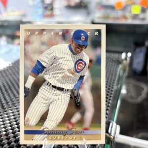 Chicago Cubs Sammy Sosa Upper Deck baseball trading card, base running action shot in protective sleeve, high quality vintage rare collectible in clear display case for serious baseball fans and investors today.