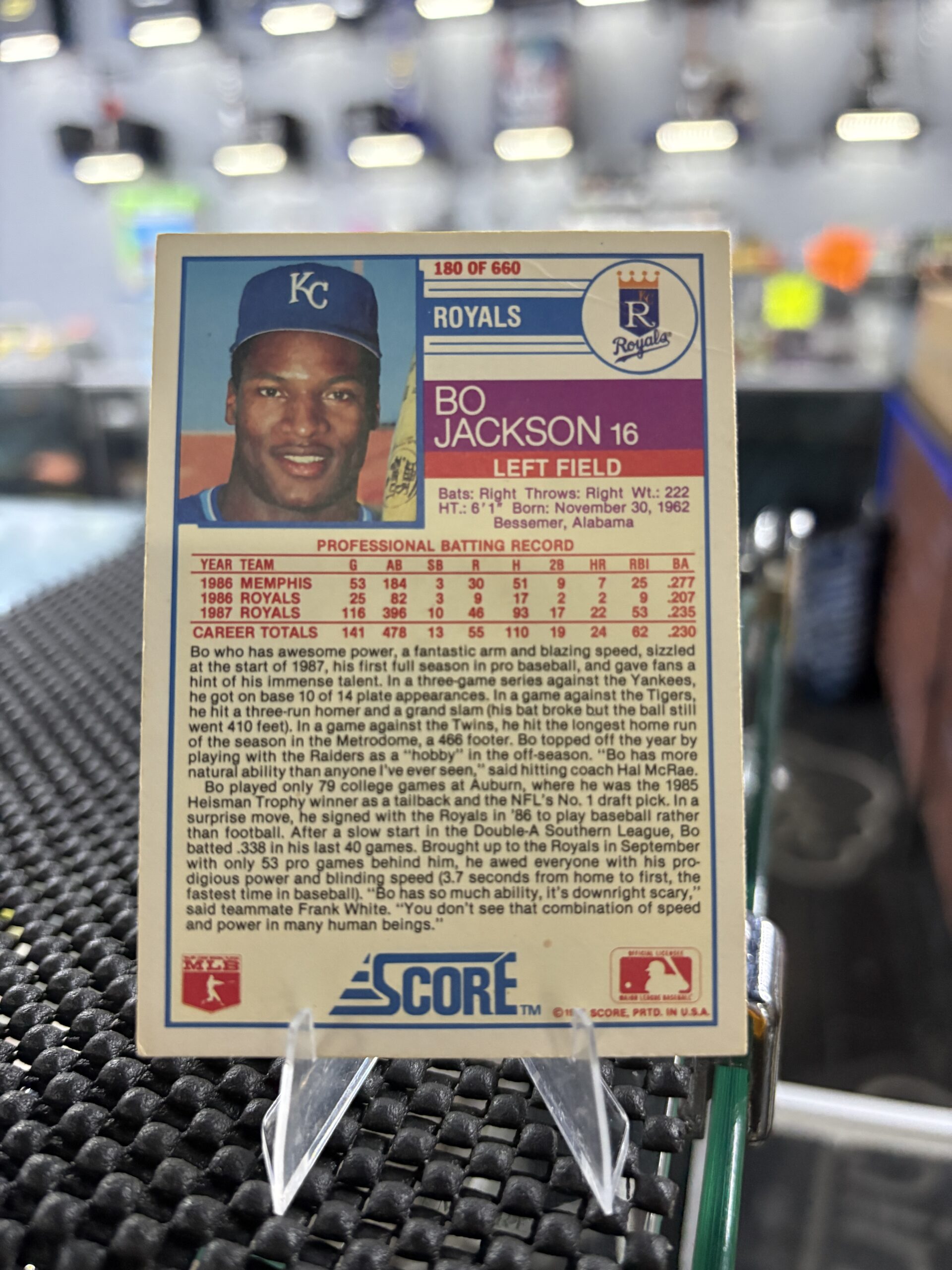 ansas City Royals Bo Jackson Score baseball trading card, powerful batting action shot in protective sleeve, high quality vintage rare collectible in clear display case for serious baseball fans and investors today.