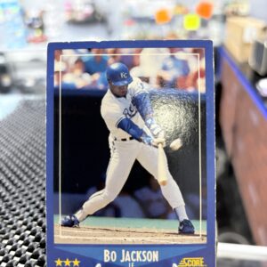 Kansas City Royals Bo Jackson Score baseball trading card, powerful batting action shot in protective sleeve, high quality vintage rare collectible in clear display case for serious baseball fans and investors today.