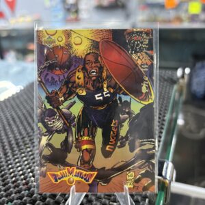 1993 Upper Deck Fanimation Dikembe Mutombo Nuggets basketball trading card, unique comic style artwork in protective sleeve, high quality vintage rare collectible in clear display case for serious basketball fans and investors today.