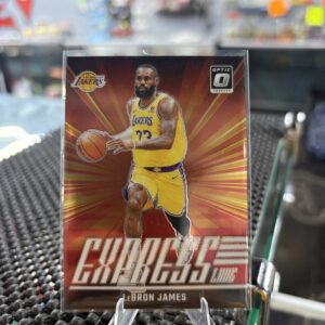 LeBron James Los Angeles Lakers Donruss Optic Express Lane basketball trading card, action shot in protective sleeve, high quality modern star player collectible in clear display case for serious basketball fans and investors today.