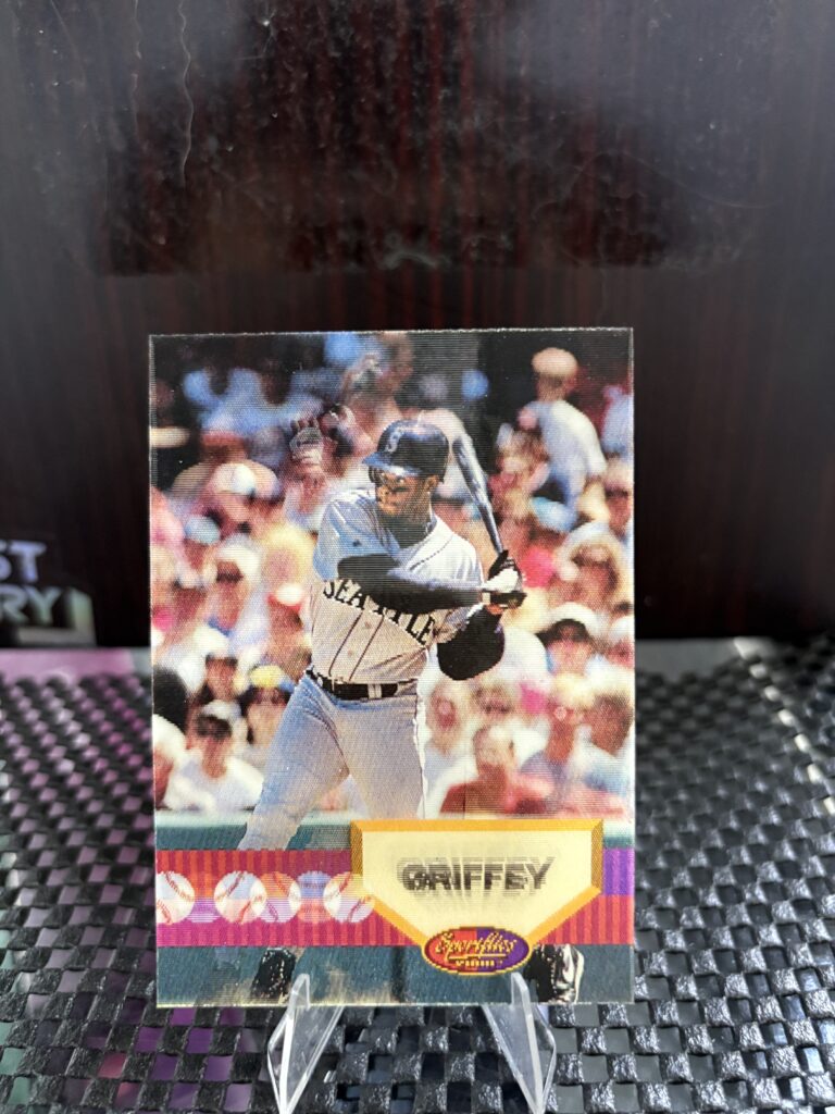 Seattle Mariners Ken Griffey Jr. 1994 SportFlics motion baseball trading card, swinging action shot in protective sleeve, high quality vintage rare collectible in clear display case for serious baseball fans and investors today. (