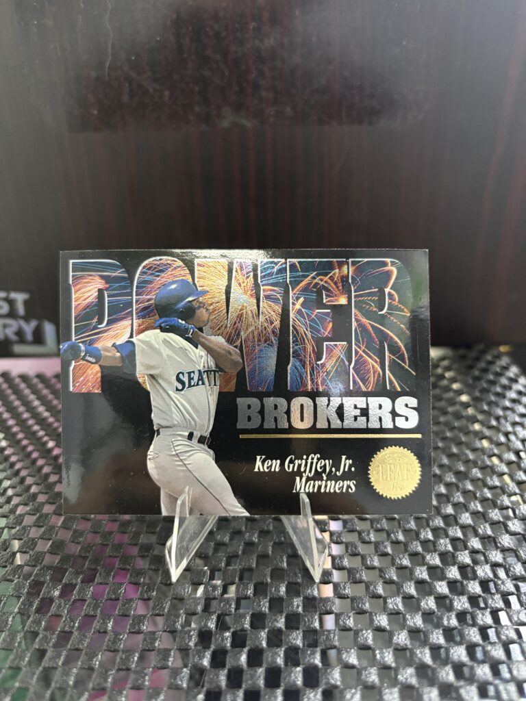 Seattle Mariners Ken Griffey Jr. Leaf Power Brokers baseball trading card, fireworks action shot in protective sleeve, high quality vintage rare collectible in clear display case for serious baseball fans and card investors today