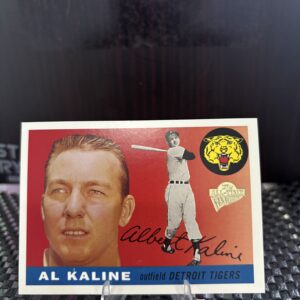 Detroit Tigers Al Kaline baseball card, vintage Hall of Fame outfielder portrait and action shot in protective sleeve, high quality rare collectible in clear display case for serious baseball fans and card investors today.