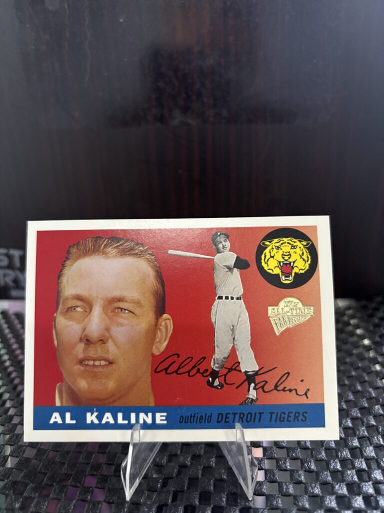 Detroit Tigers Al Kaline baseball card, vintage Hall of Fame outfielder portrait and action shot in protective sleeve, high quality rare collectible in clear display case for serious baseball fans and card investors today.