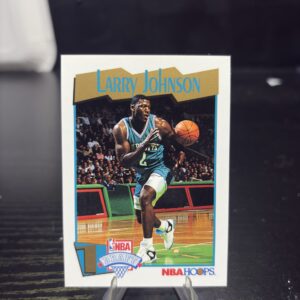 Charlotte Hornets Larry Johnson 1991 NBA Hoops Draft basketball trading card, action shot in protective sleeve, high quality vintage rare collectible in clear display case for serious basketball fans and investors today.