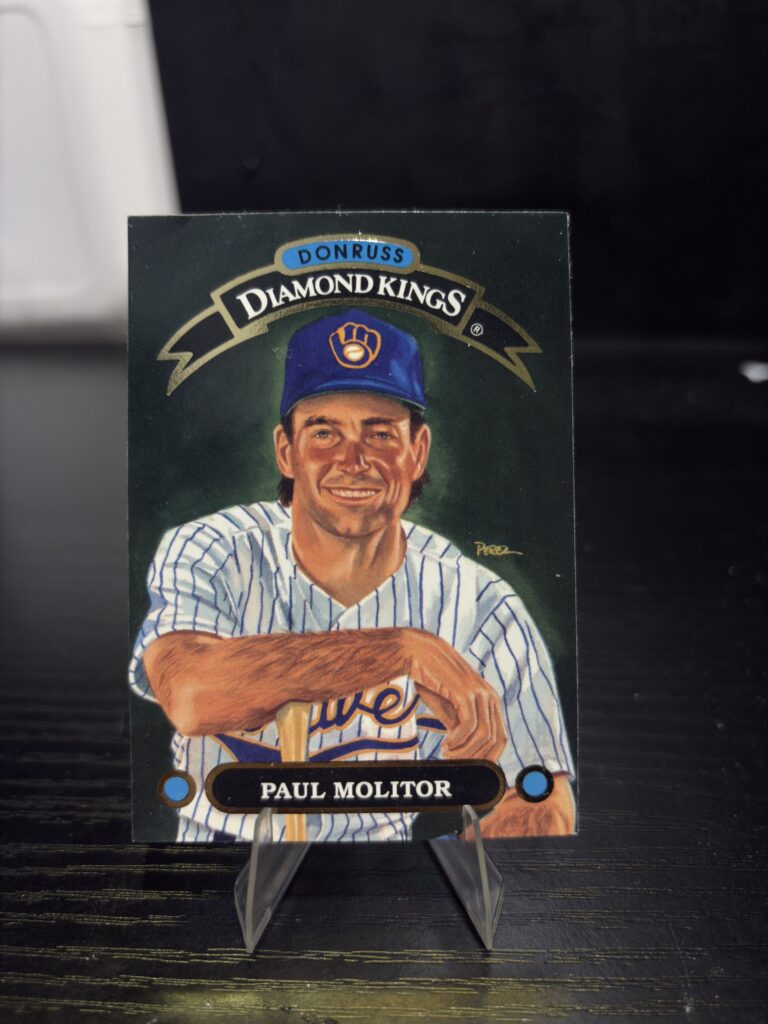 Milwaukee Brewers Paul Molitor Donruss Diamond Kings baseball trading card, vintage illustrated portrait in protective sleeve, high quality rare collectible in clear display case for serious baseball fans and investors today.