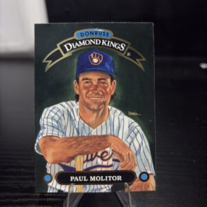 Milwaukee Brewers Paul Molitor Donruss Diamond Kings baseball trading card, vintage illustrated portrait in protective sleeve, high quality rare collectible in clear display case for serious baseball fans and investors today.