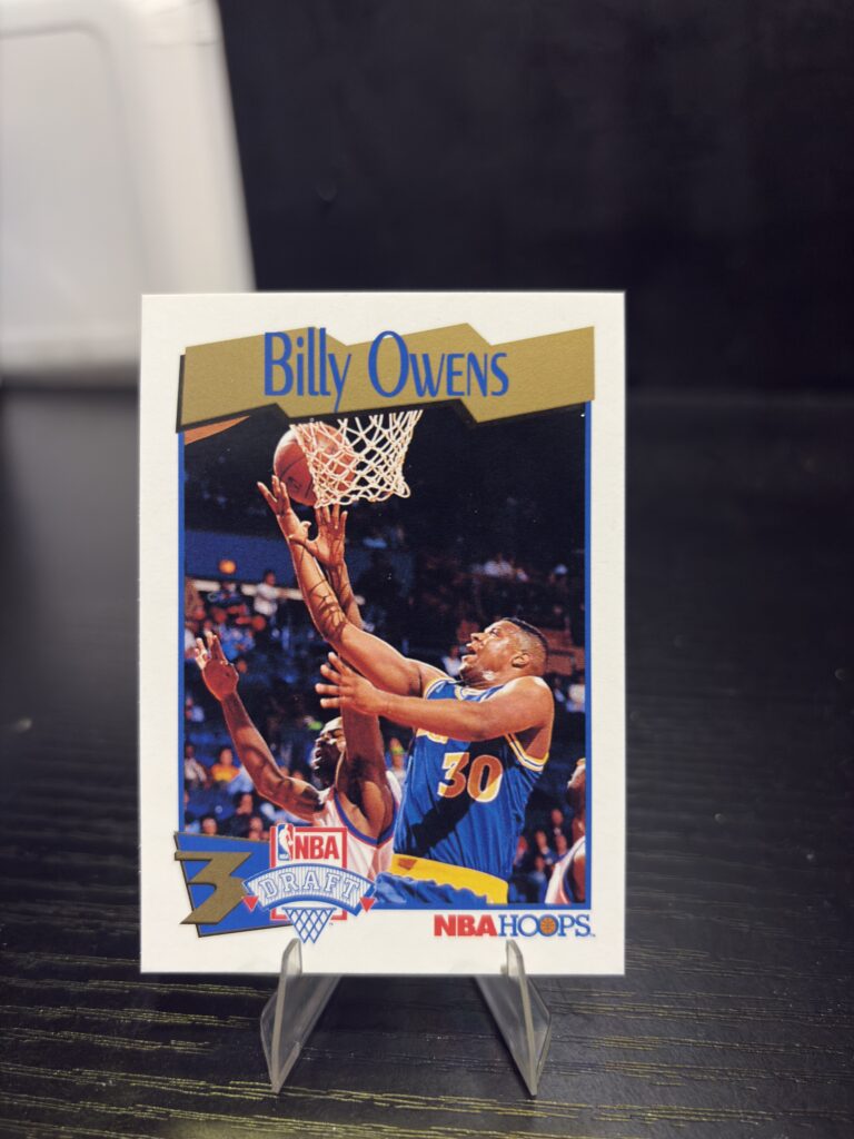 Billy Owens 1991 NBA Hoops Draft basketball trading card, action shot in protective sleeve, high quality vintage rare collectible in clear display case for serious basketball fans and investors today.