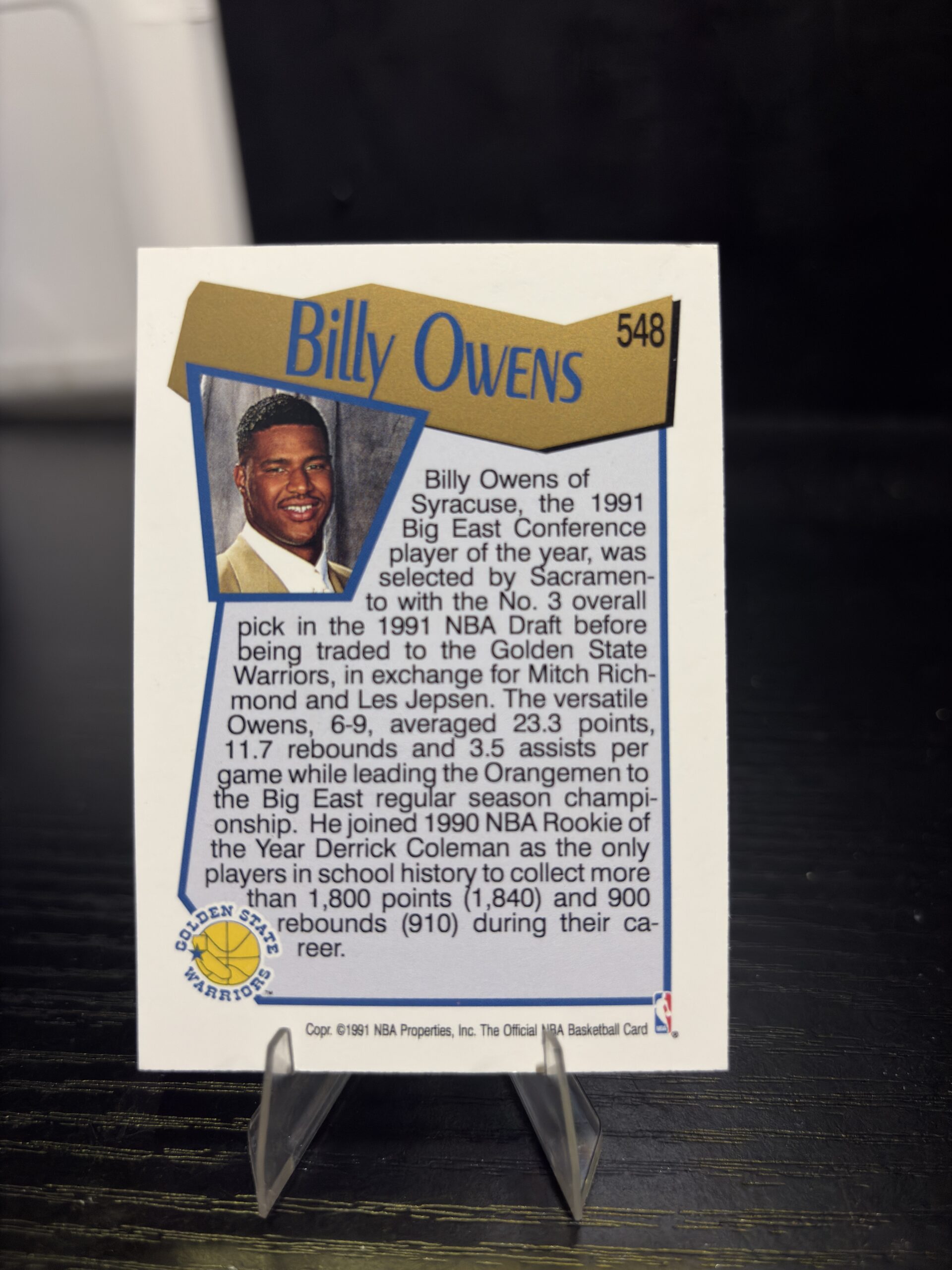 1991 Billy Owens NBA Hoops Draft Basketball Card - Image 3