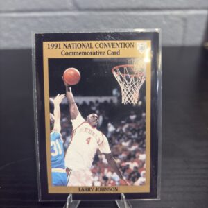 1991 National Convention commemorative Larry Johnson UNLV Rebels basketball trading card, action shot in protective sleeve, high quality rare collectible in clear display case for serious basketball fans and investors today.