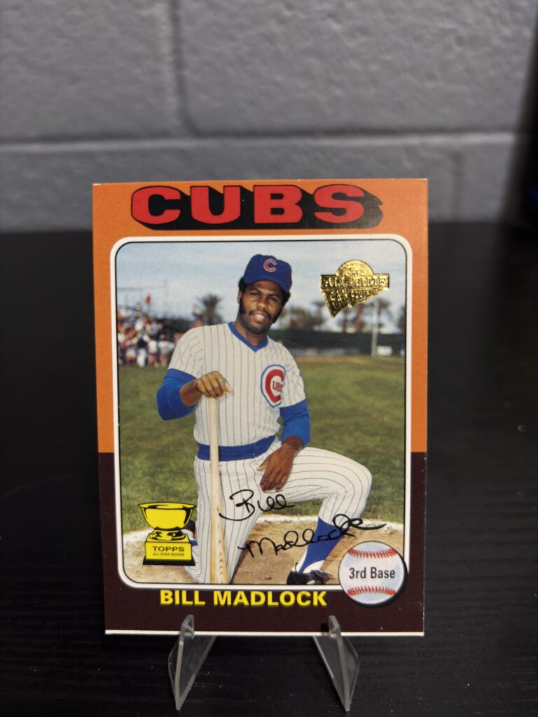 Chicago Cubs Bill Madlock 1975 Topps baseball trading card, vintage portrait in protective sleeve, high quality rare collectible in clear display case for serious baseball fans and investors today.