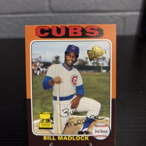 Chicago Cubs Bill Madlock 1975 Topps baseball trading card, vintage portrait in protective sleeve, high quality rare collectible in clear display case for serious baseball fans and investors today.