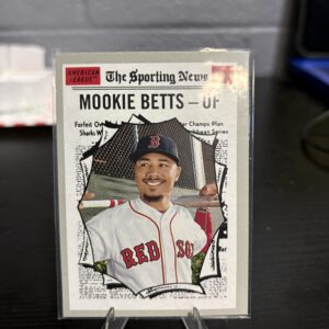 Boston Red Sox Mookie Betts Topps Heritage baseball trading card, Sporting News design in protective sleeve, high quality modern collectible in clear display case for serious baseball fans and card investors today.