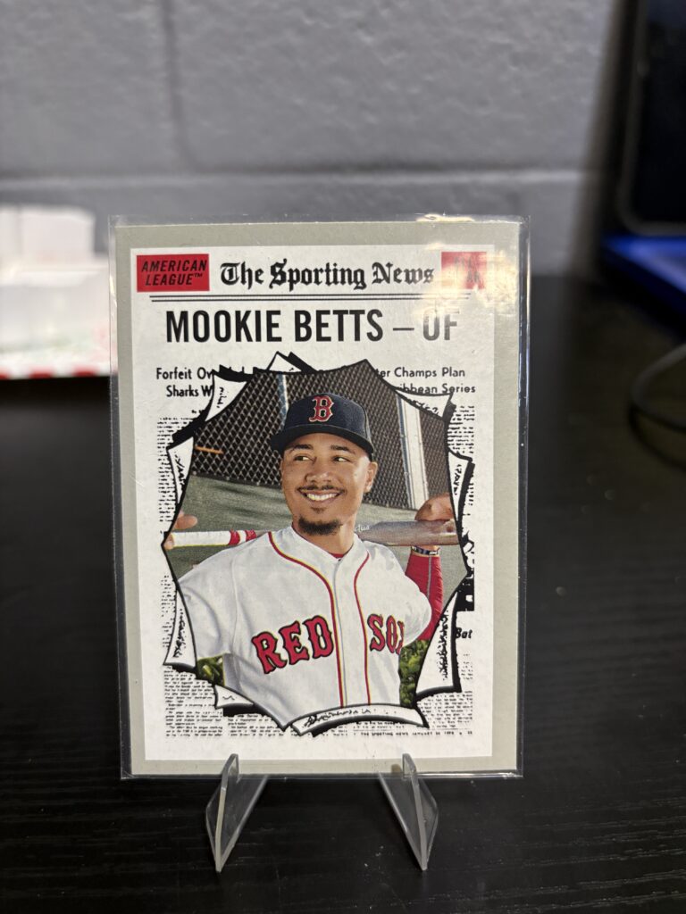 Boston Red Sox Mookie Betts Topps Heritage baseball trading card, Sporting News design in protective sleeve, high quality modern collectible in clear display case for serious baseball fans and card investors today.