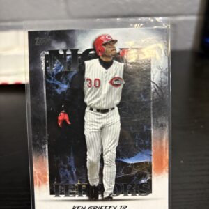 Cincinnati Reds Ken Griffey Jr. Topps "Night Terrors" baseball trading card, striking atmospheric action shot in protective sleeve, high quality rare collectible in clear display case for serious baseball fans and investors today.