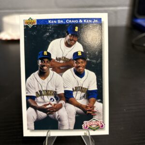 Seattle Mariners Ken Sr., Craig, and Ken Griffey Jr. 1992 Upper Deck "Bloodlines" baseball trading card, family portrait in protective sleeve, high quality rare collectible in clear display case for serious baseball fans and investors today.