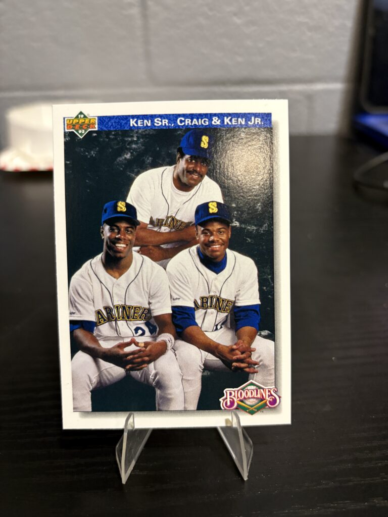Seattle Mariners Ken Sr., Craig, and Ken Griffey Jr. 1992 Upper Deck "Bloodlines" baseball trading card, family portrait in protective sleeve, high quality rare collectible in clear display case for serious baseball fans and investors today.