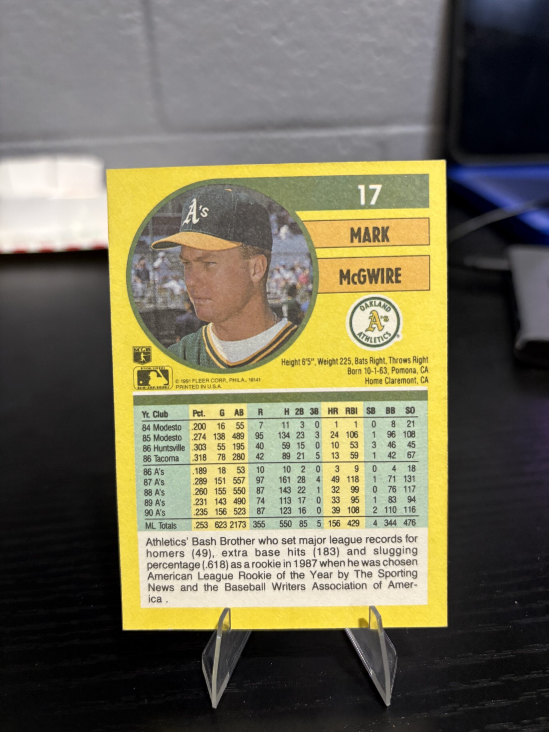 1991 Mark McGwire Fleer Oakland Athletics Card five five six five grinder I'll leave here thank you so much - Image 3