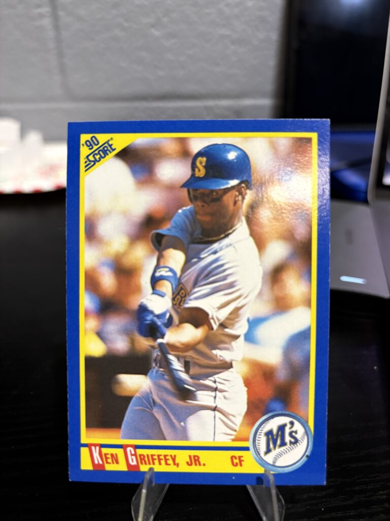 Vintage 1990 Score Ken Griffey Jr baseball card featuring the legendary Seattle Mariners outfielder in his classic batting stance for any serious sports trading card enthusiast today.