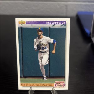 Vintage 1992 Upper Deck Ken Griffey Jr baseball card featuring the Seattle Mariners star outfielder in action for dedicated collectors building their wealth and prosperity today.