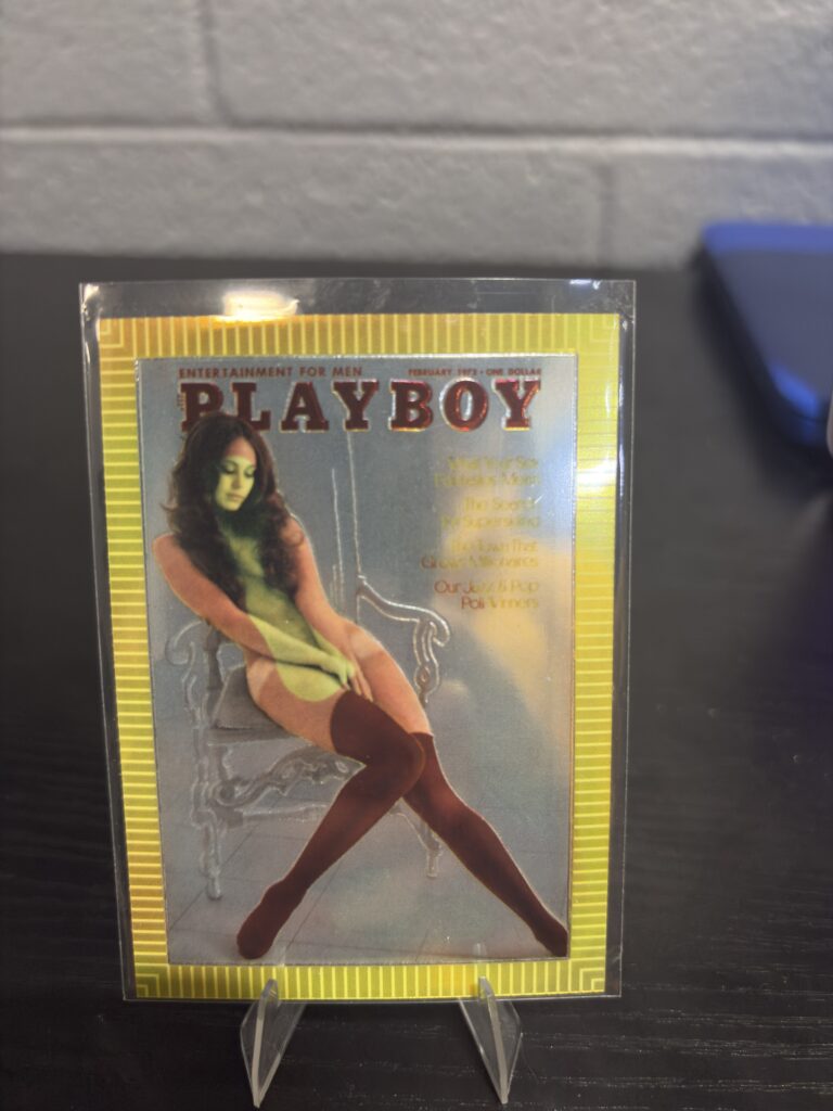 Rare vintage 1973 Playboy magazine cover trading card featuring a classic aesthetic for collectors of unique pop culture memorabilia looking for high value assets today.