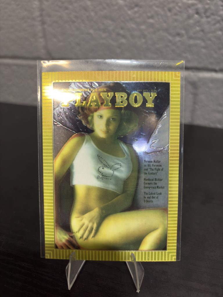 Rare vintage 1975 Playboy magazine cover trading card featuring a classic aesthetic for collectors of unique pop culture memorabilia looking for high value assets today.