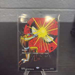 Rare Magic: The Gathering "Shock" Marvel Secret Lair instant card featuring Shocker and Spider-Man comic art for dedicated collectors and players looking to add prosperity to their portfolio today.