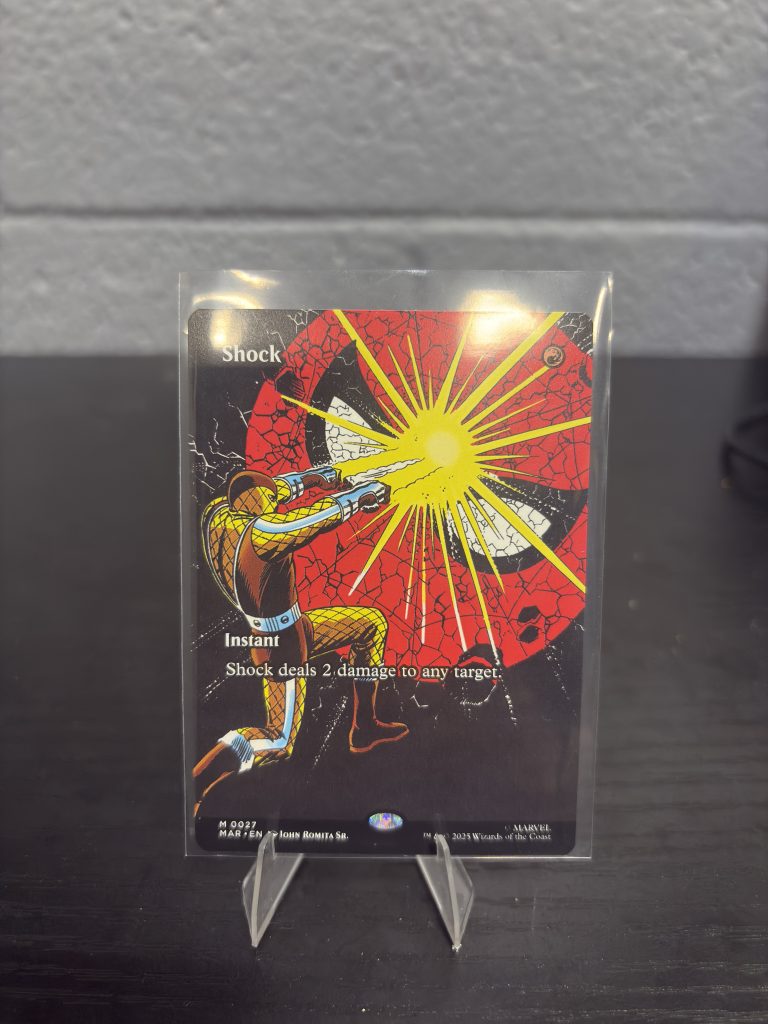 Rare Magic: The Gathering "Shock" Marvel Secret Lair instant card featuring Shocker and Spider-Man comic art for dedicated collectors and players looking to add prosperity to their portfolio today.